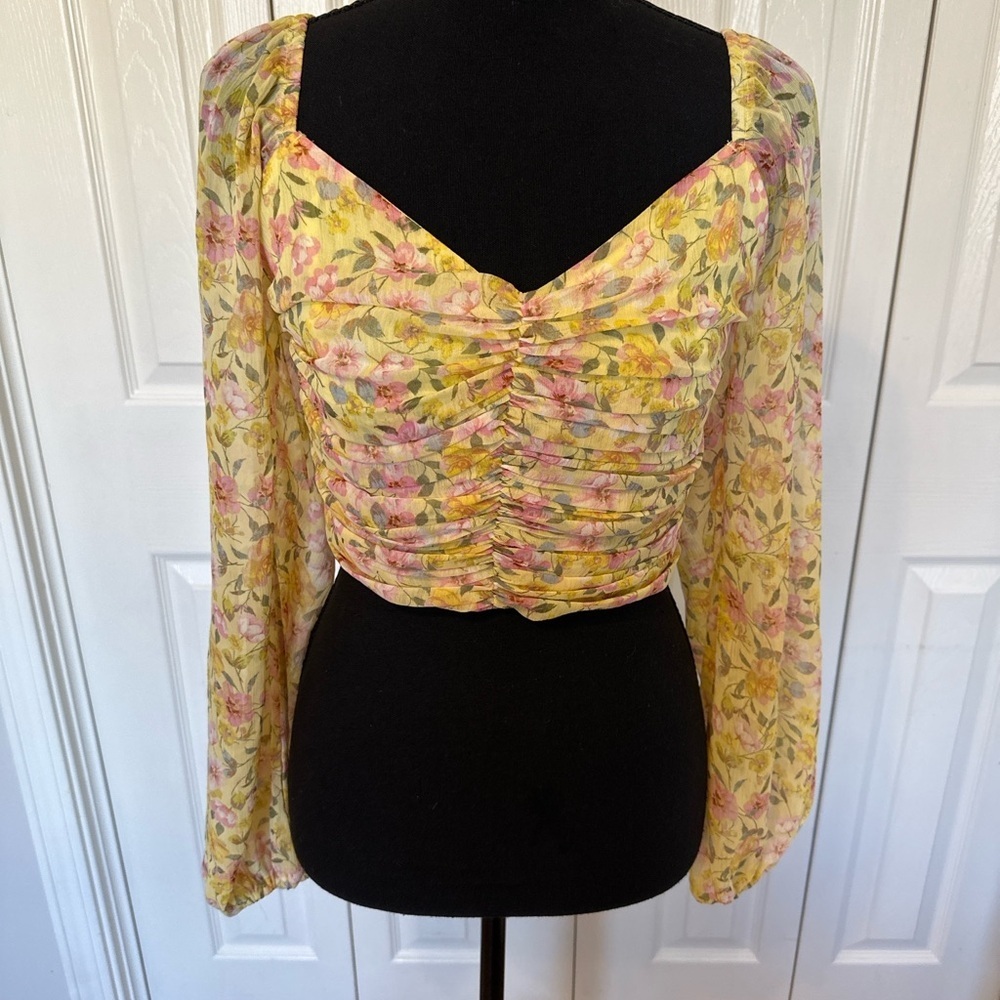 Gianni Bini Yellow Floral Ruched Sweetheart Crop Top Size Small